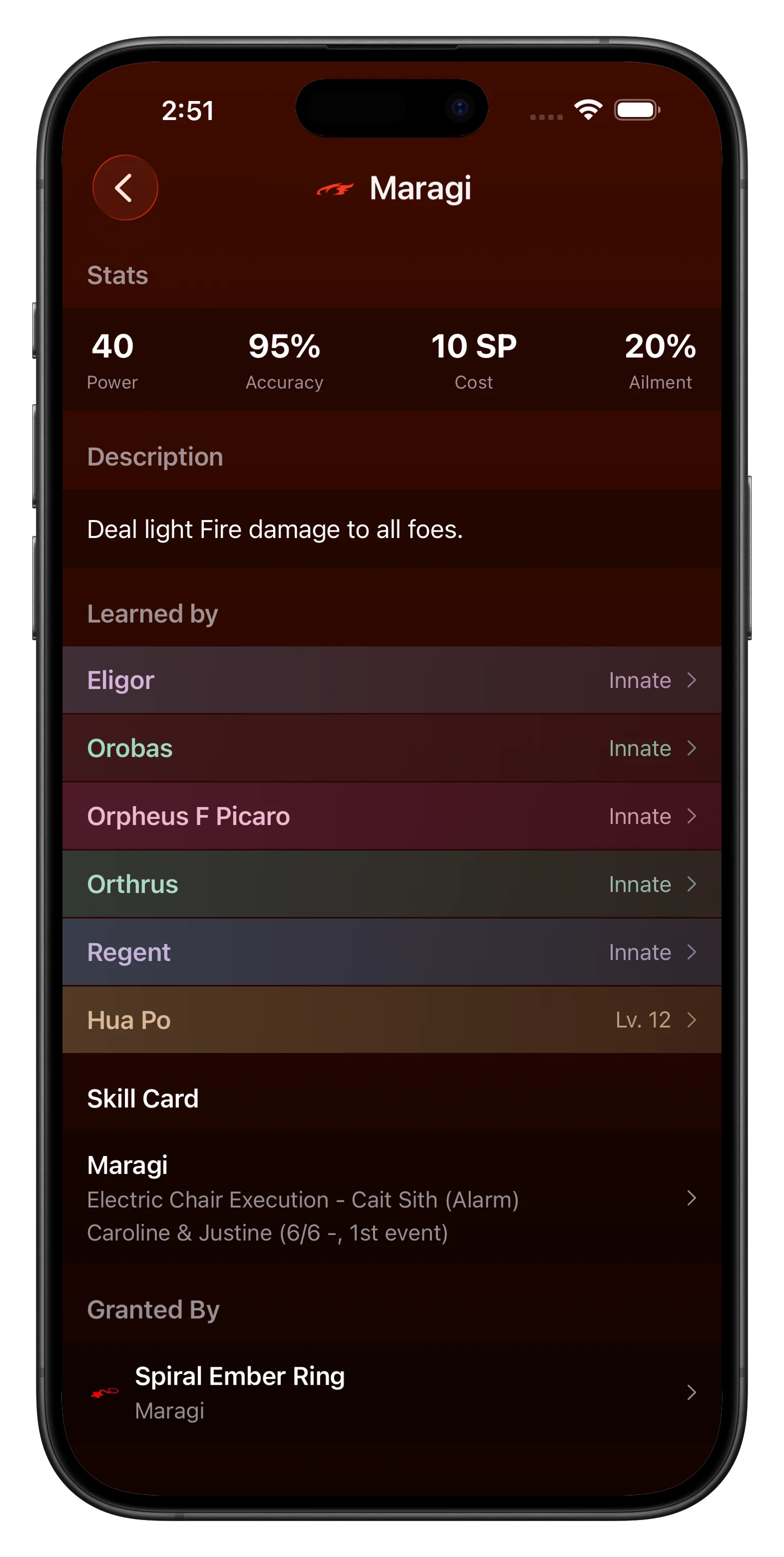 Skills and items database screen